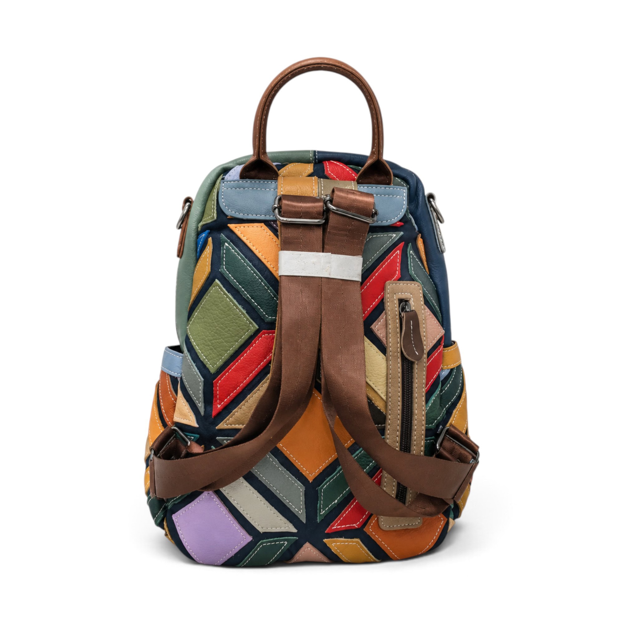 Rucsac damă colorat din piele naturală, stil modern și vibrant.