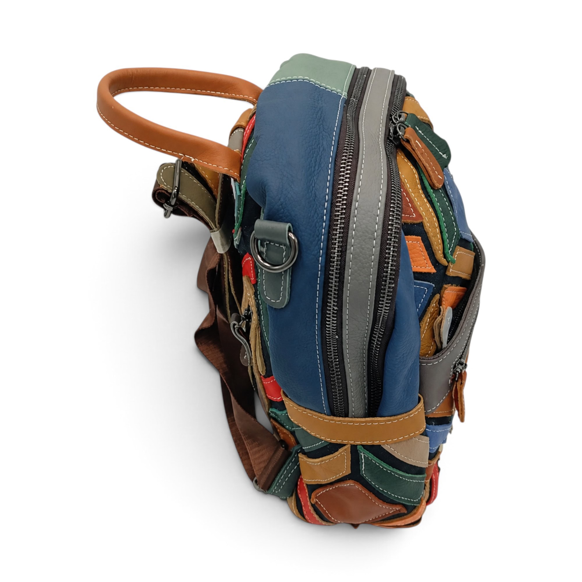 Rucsac damă multicolor din piele naturală, stil casual și practic.