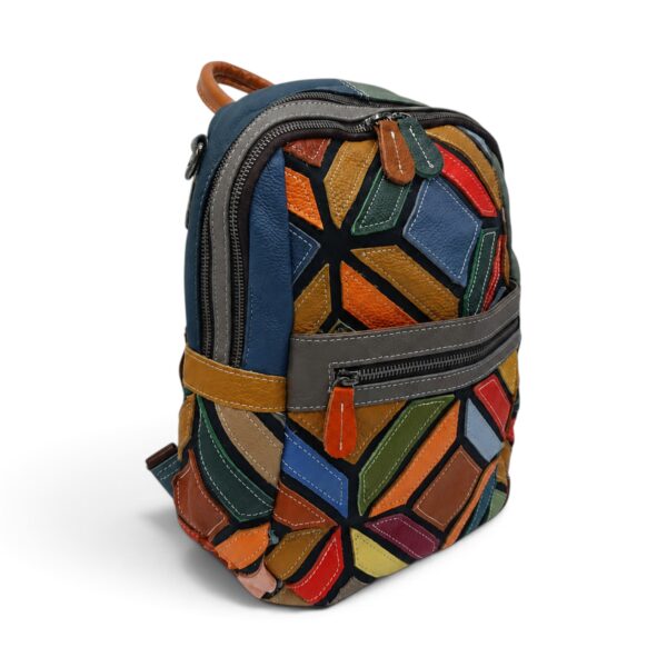 Rucsac damă multicolor din piele naturală, stil modern și vibrant.