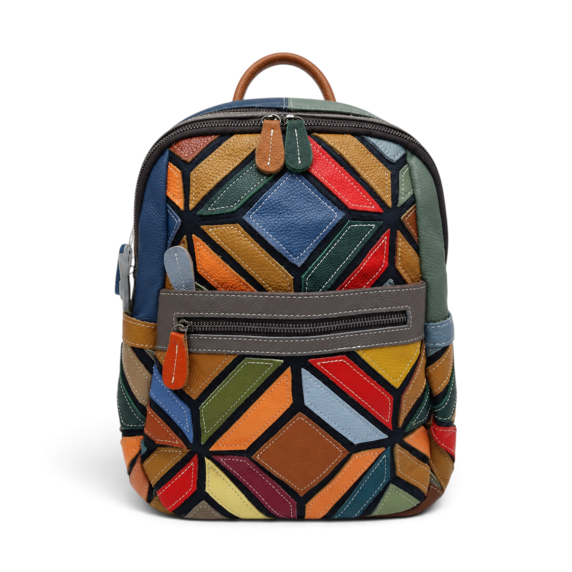 Rucsac damă multicolor din piele naturală, stil modern și vibrant.