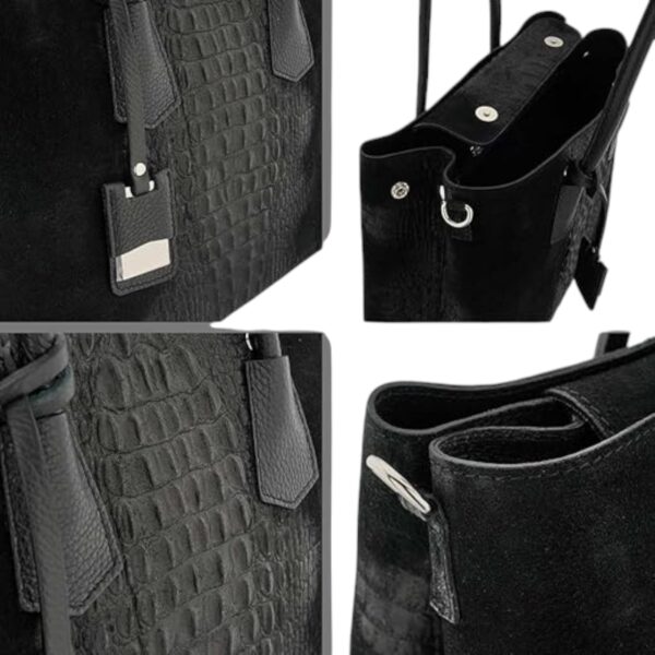 Geantă damă Belle Monique GO82 – piele naturală, textură croco, negru elegant – Made in Italy