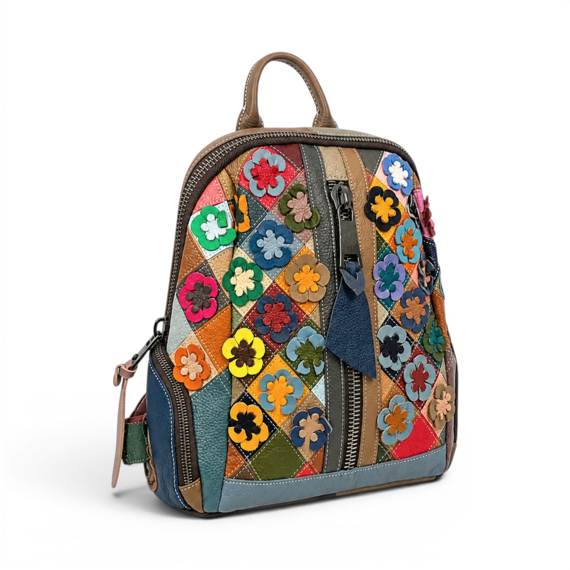 Rucsac damă Jasmine 8869 – piele naturală, design floral multicolor și eleganță practică