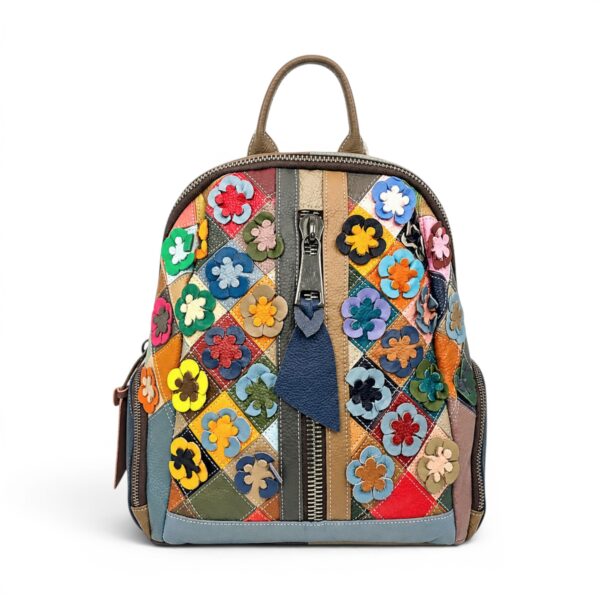 Rucsac damă Jasmine 8869 – piele naturală, design floral multicolor și eleganță practică