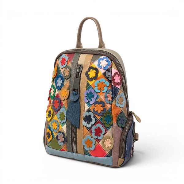 Rucsac damă Jasmine 8869 – piele naturală, design floral multicolor și eleganță practică
