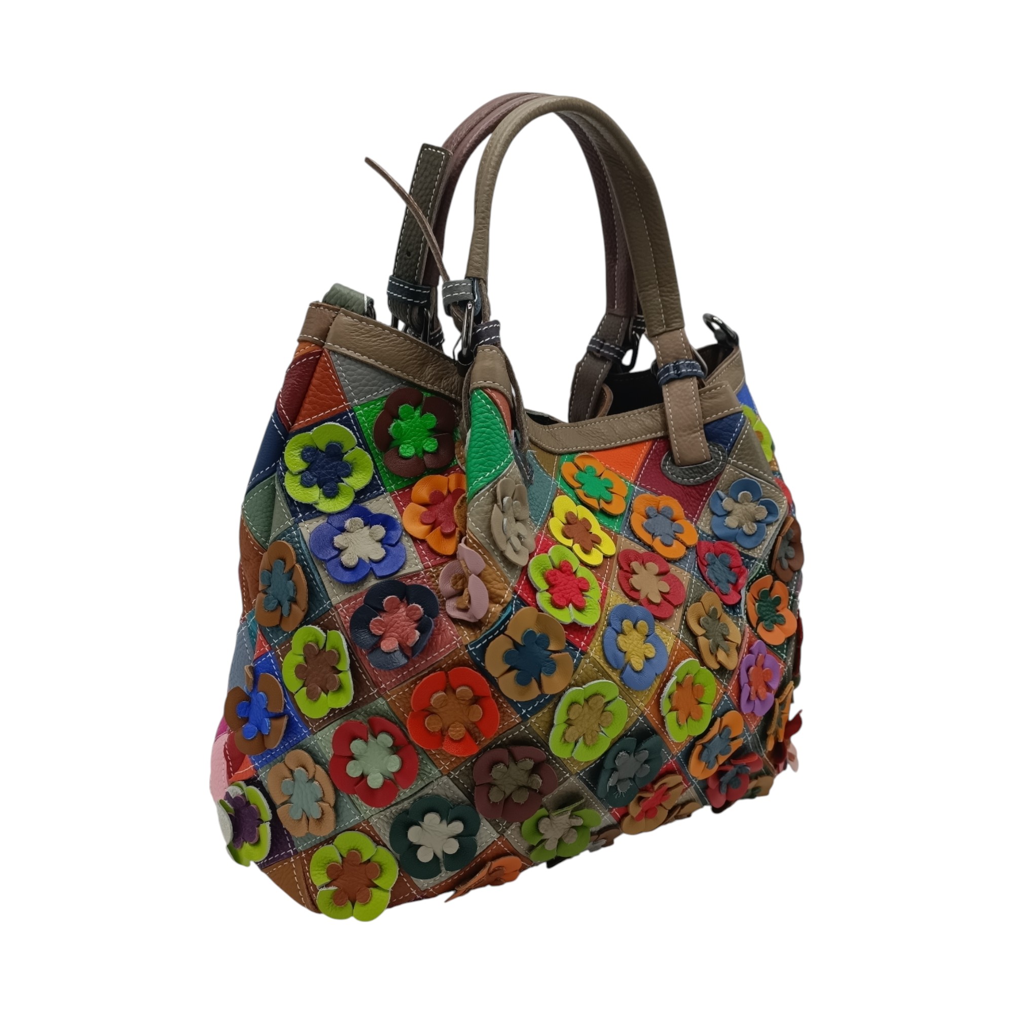 Geanta dama, piele naturala Jasmine -6608- (1) Geantă damă Jasmine 6608 din piele naturală multicoloră, decor floral 3D – 35 × 26 × 16,5 cm