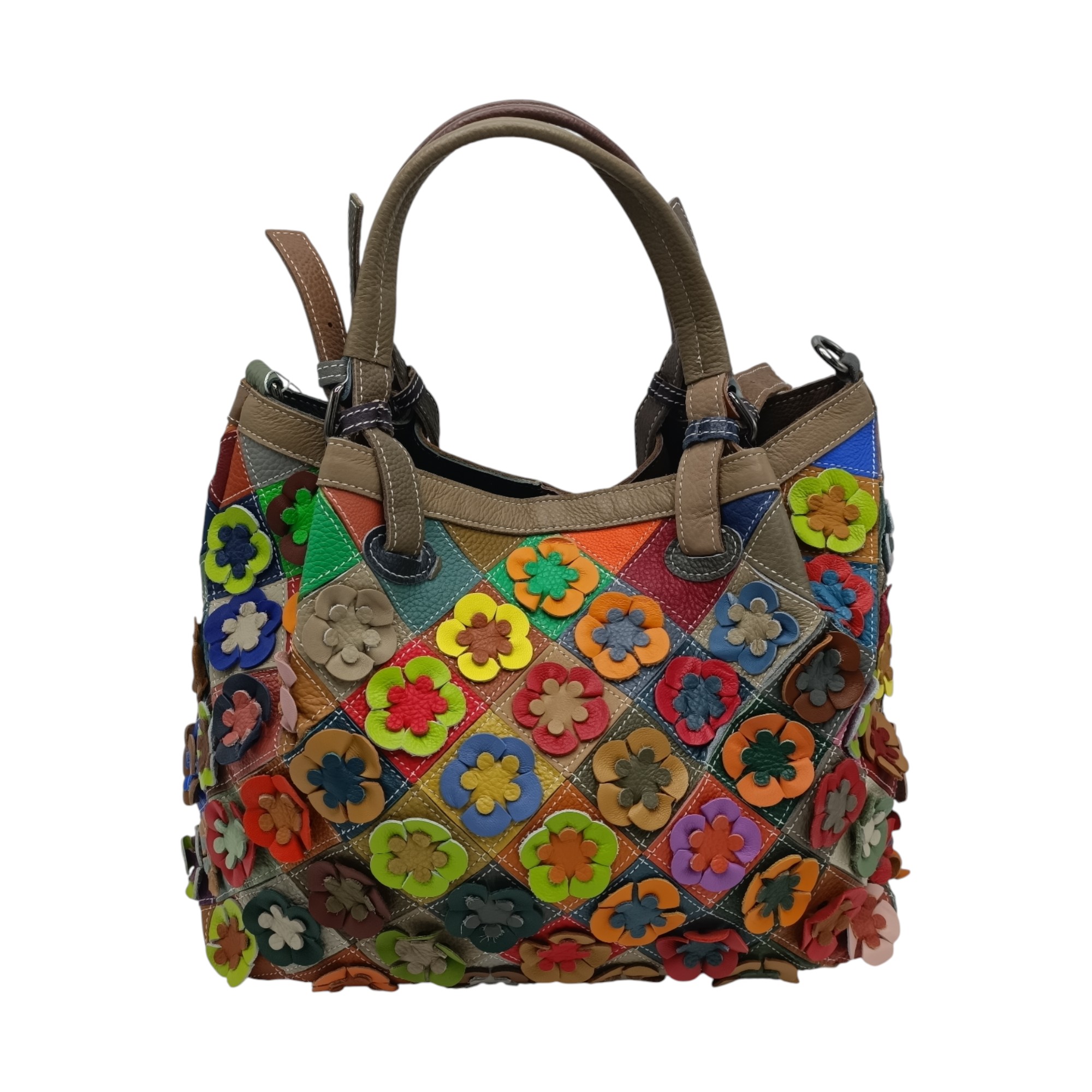 Geanta dama, piele naturala Jasmine -6608- (4) Geantă damă Jasmine 6608 din piele naturală multicoloră, decor floral 3D – 35 × 26 × 16,5 cm