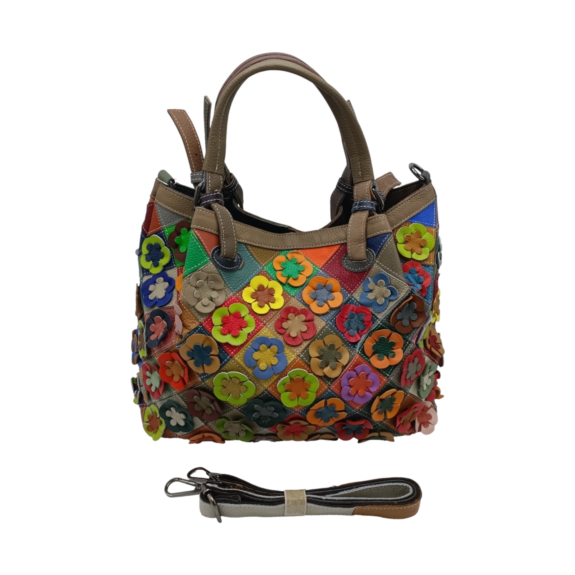 Geanta dama, piele naturala Jasmine -6608- (8) Geantă damă Jasmine 6608 din piele naturală multicoloră, decor floral 3D – 35 × 26 × 16,5 cm