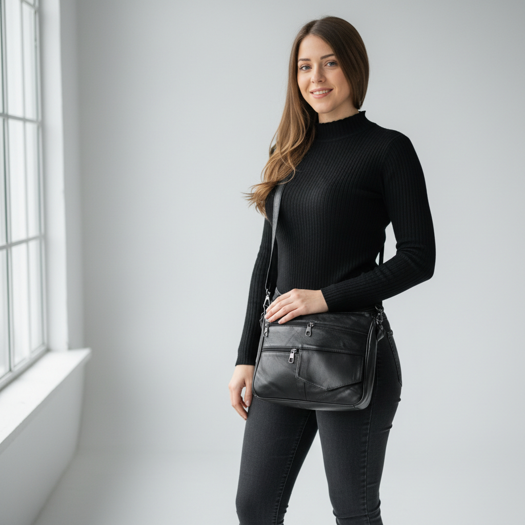 Geanta Damă Lucia R45-JMN5 (culoare Negru), Piele Naturală, dimensiune 28 x 9 x 23 cm