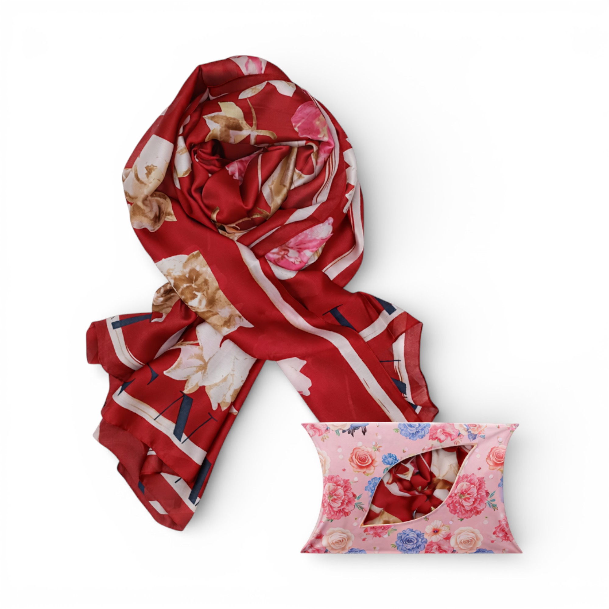 Eșarfă Feeling Silk – Alexa G&D-202 (85×180 cm) | Model Floral Roșu, Cutie Cadou