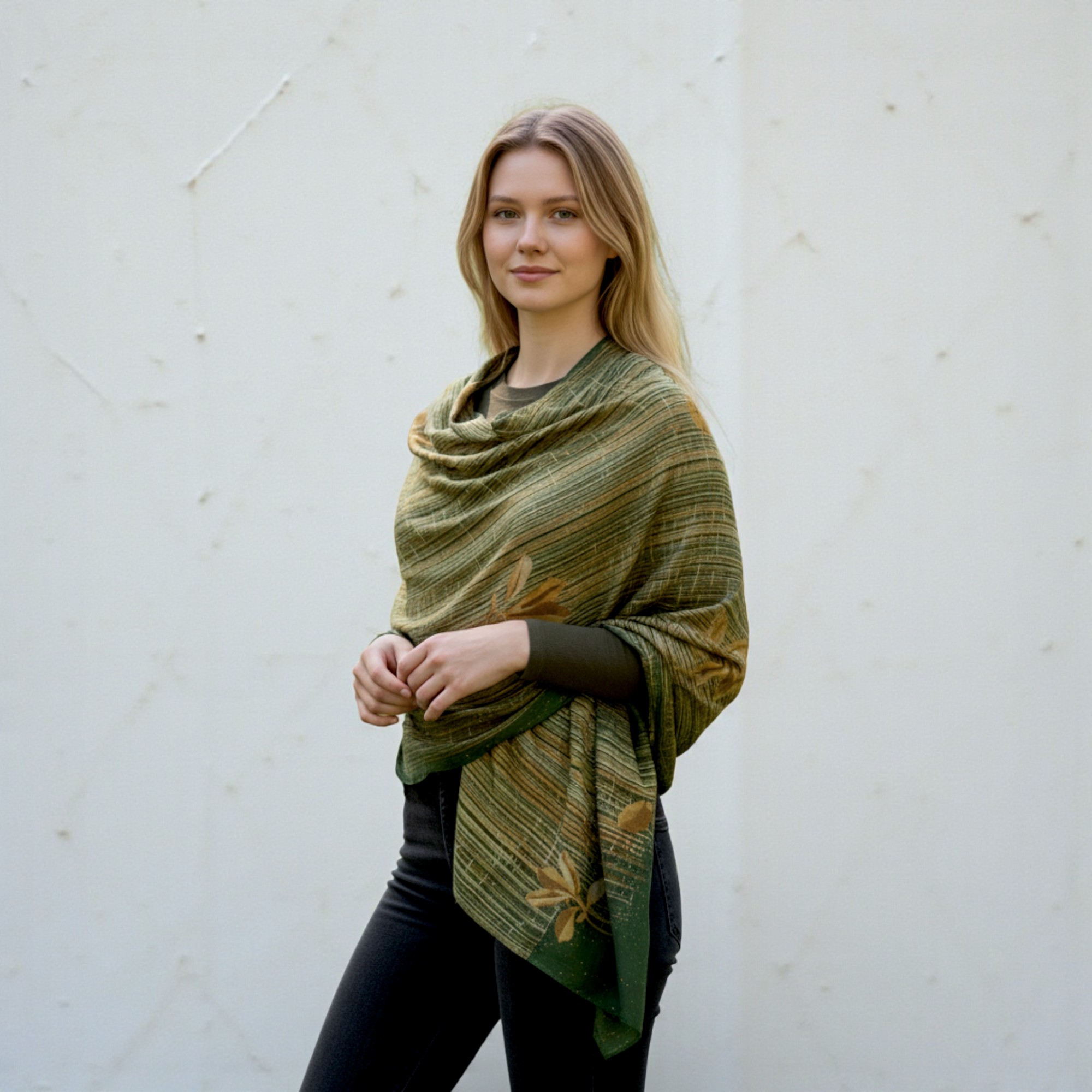 Eșarfă Feeling Silk – Alexa G&D-204 (85×180 cm) | Emerald Bloom, Cutie Cadou