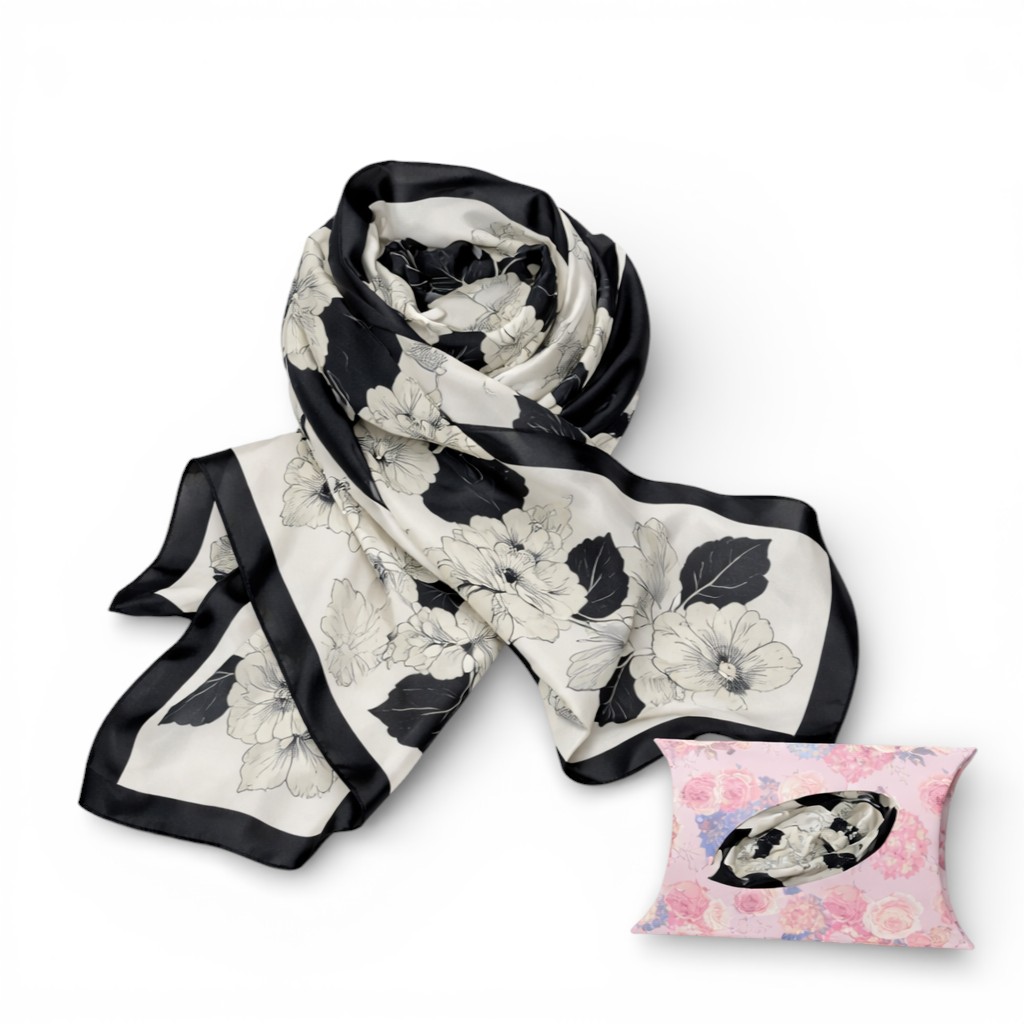 Eșarfă Feeling Silk – Alexa G&D-205 (85×180 cm) | Ivory Noir Bloom, Cutie Cadou