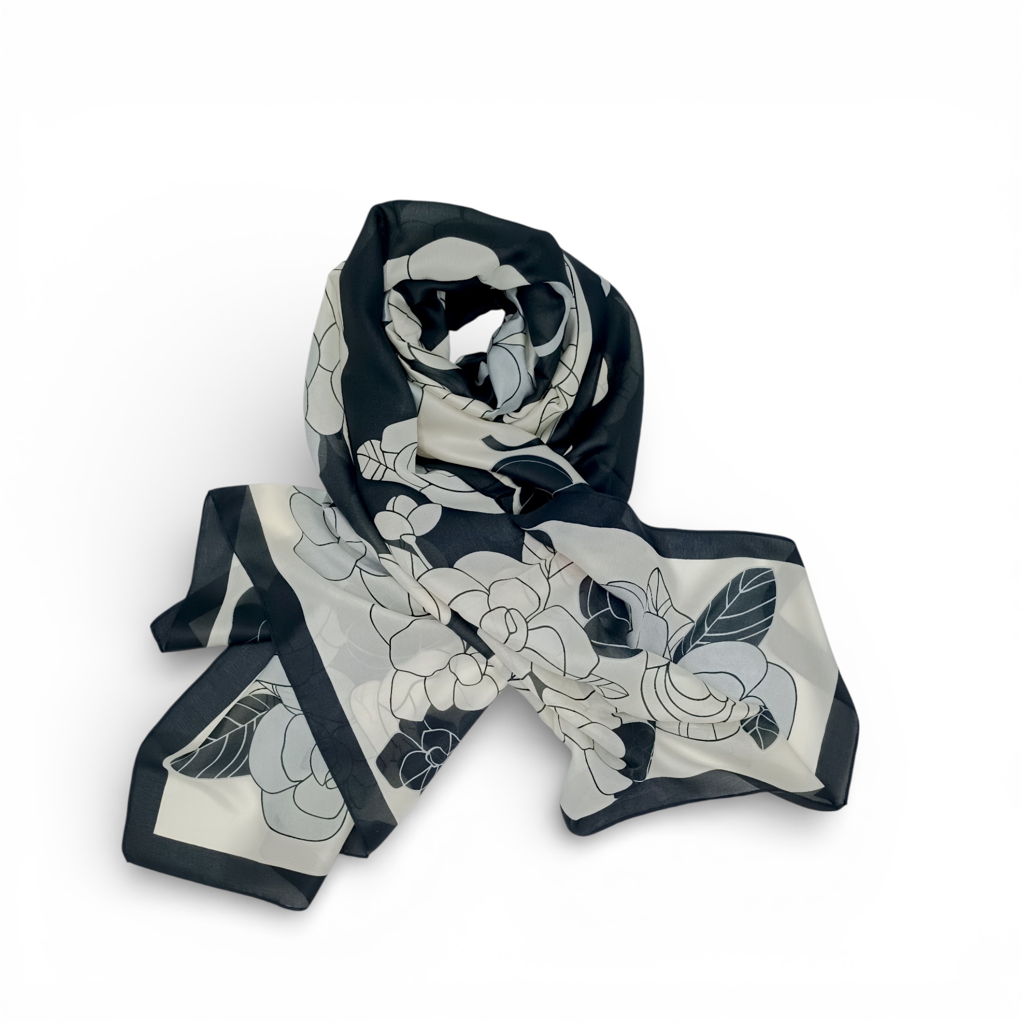 Eșarfă Feeling Silk – Alexa G&D-205 (85×180 cm) | Ivory Noir Bloom, Cutie Cadou