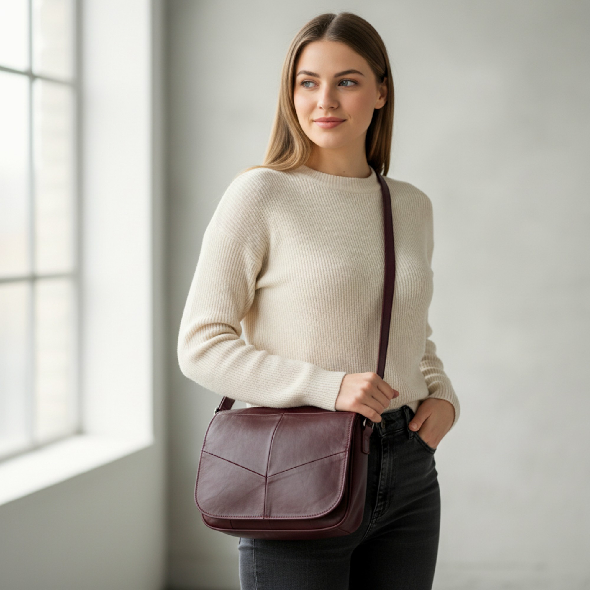 Geantă Damă Crossbody Lucia R45-CB Piele Naturală, Bordo Elegant (7) Geantă Damă Crossbody Lucia R45-CB | Piele Naturală, Bordo Elegant