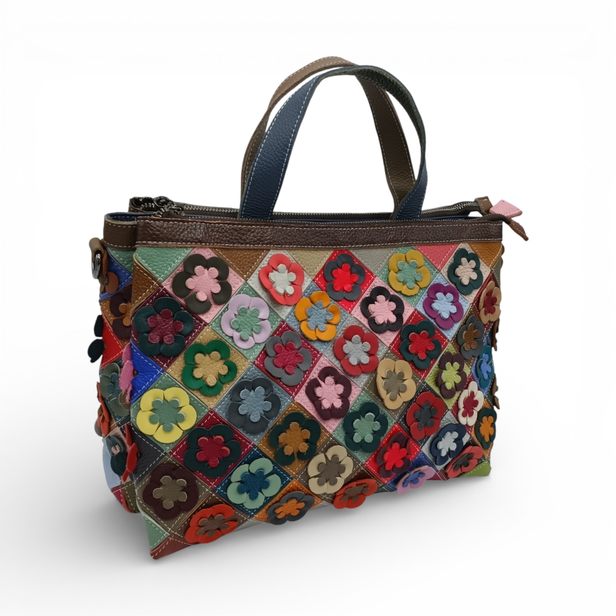 Geantă Damă Jasmine 6646-1 din Piele Naturală – Design Floral Multicolor cu Aplicații Lucrate Manual