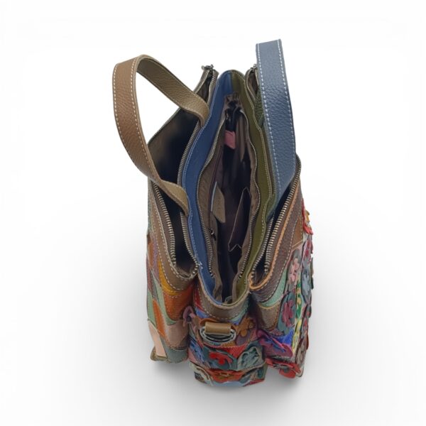 Geantă Damă Jasmine 6646-1 din Piele Naturală – Design Floral Multicolor cu Aplicații Lucrate Manual