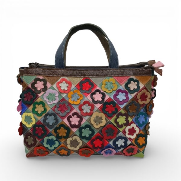 Geantă Damă Jasmine 6646-1 din Piele Naturală – Design Floral Multicolor cu Aplicații Lucrate Manual