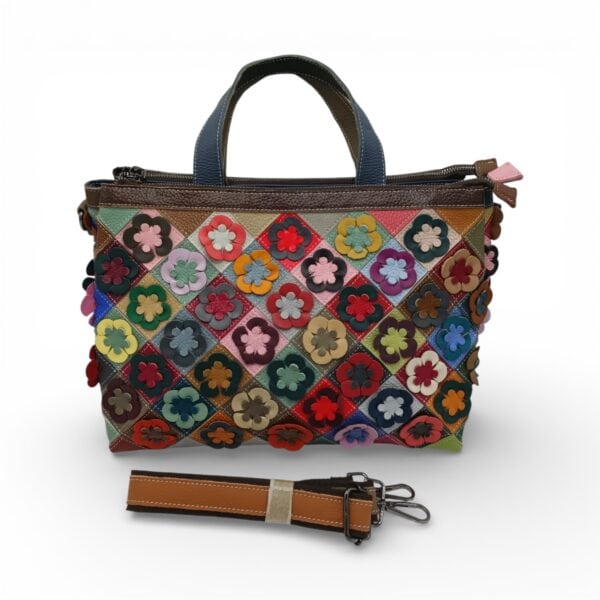 Geantă Damă Jasmine 6646-1 din Piele Naturală – Design Floral Multicolor cu Aplicații Lucrate Manual