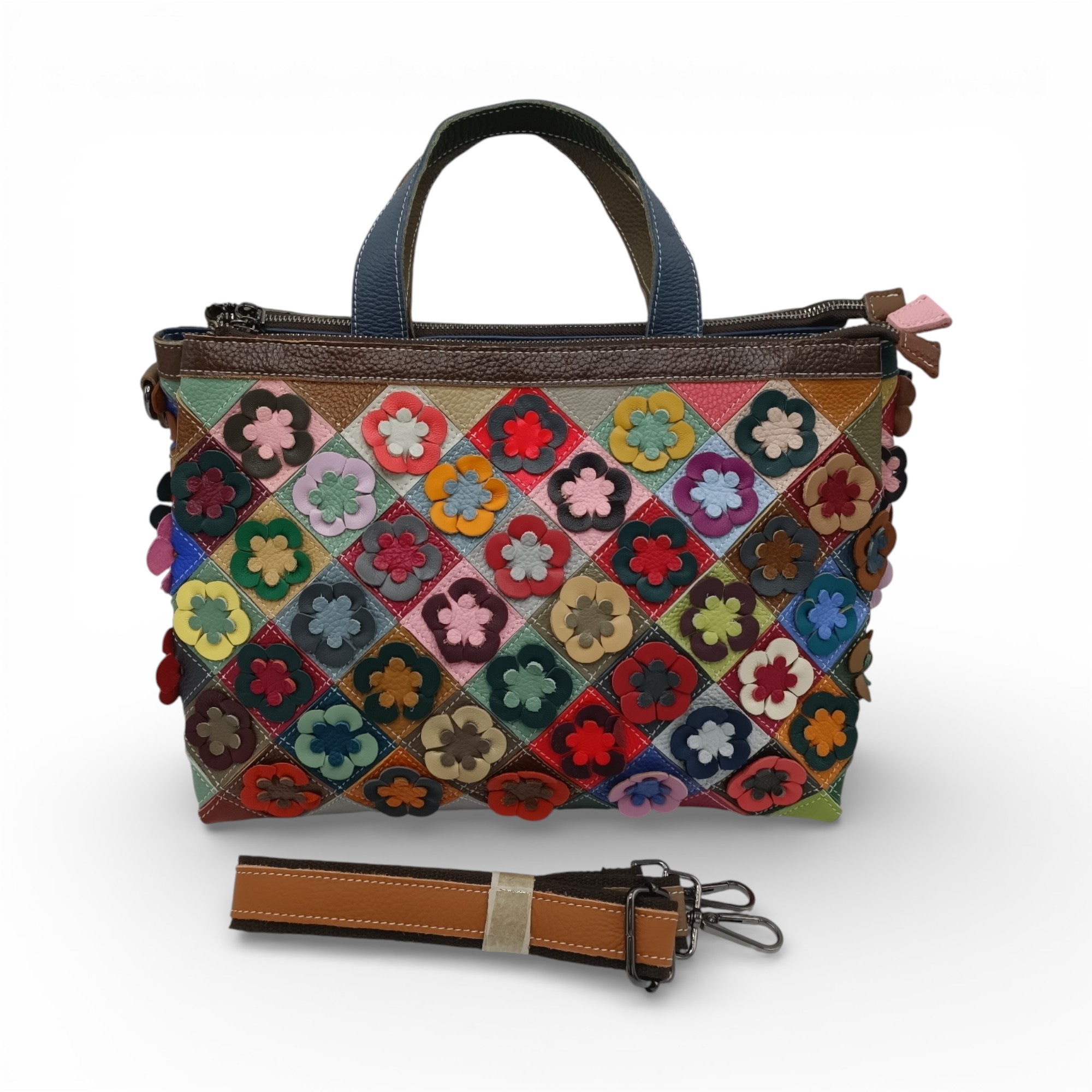 Geantă Damă Jasmine 6646-1 din Piele Naturală – Design Floral Multicolor cu Aplicații Lucrate Manual