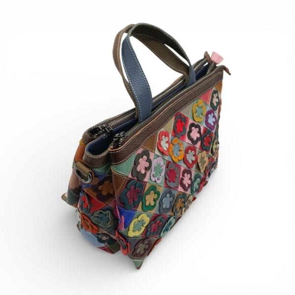Geantă Damă Jasmine 6646-1 din Piele Naturală – Design Floral Multicolor cu Aplicații Lucrate Manual