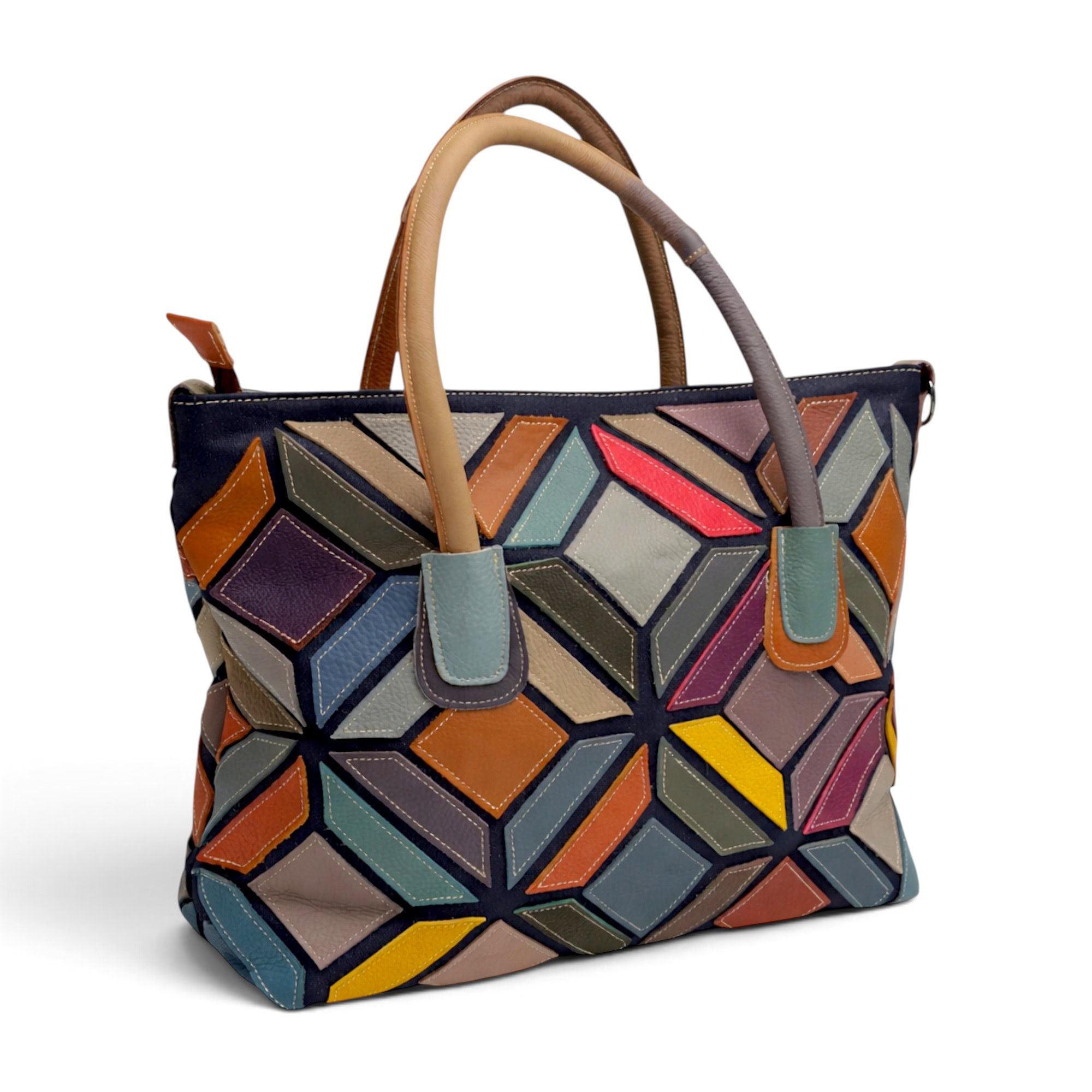 Geantă damă multicolor din piele naturală cu design geometric.