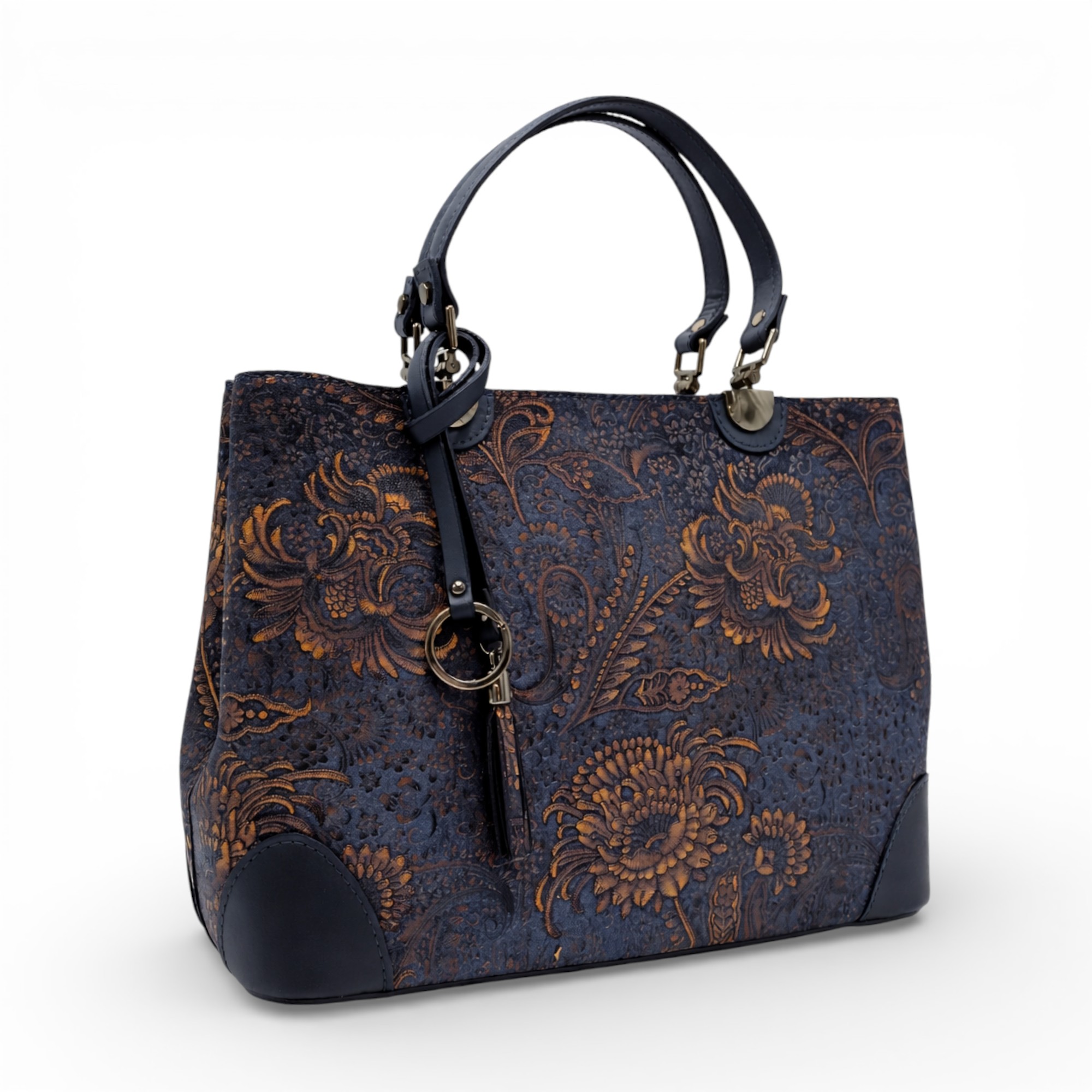 Geantă de lux din piele naturală din Italia, cu imprimeu colorat – Belle Monique BM185 – Albastru marin-