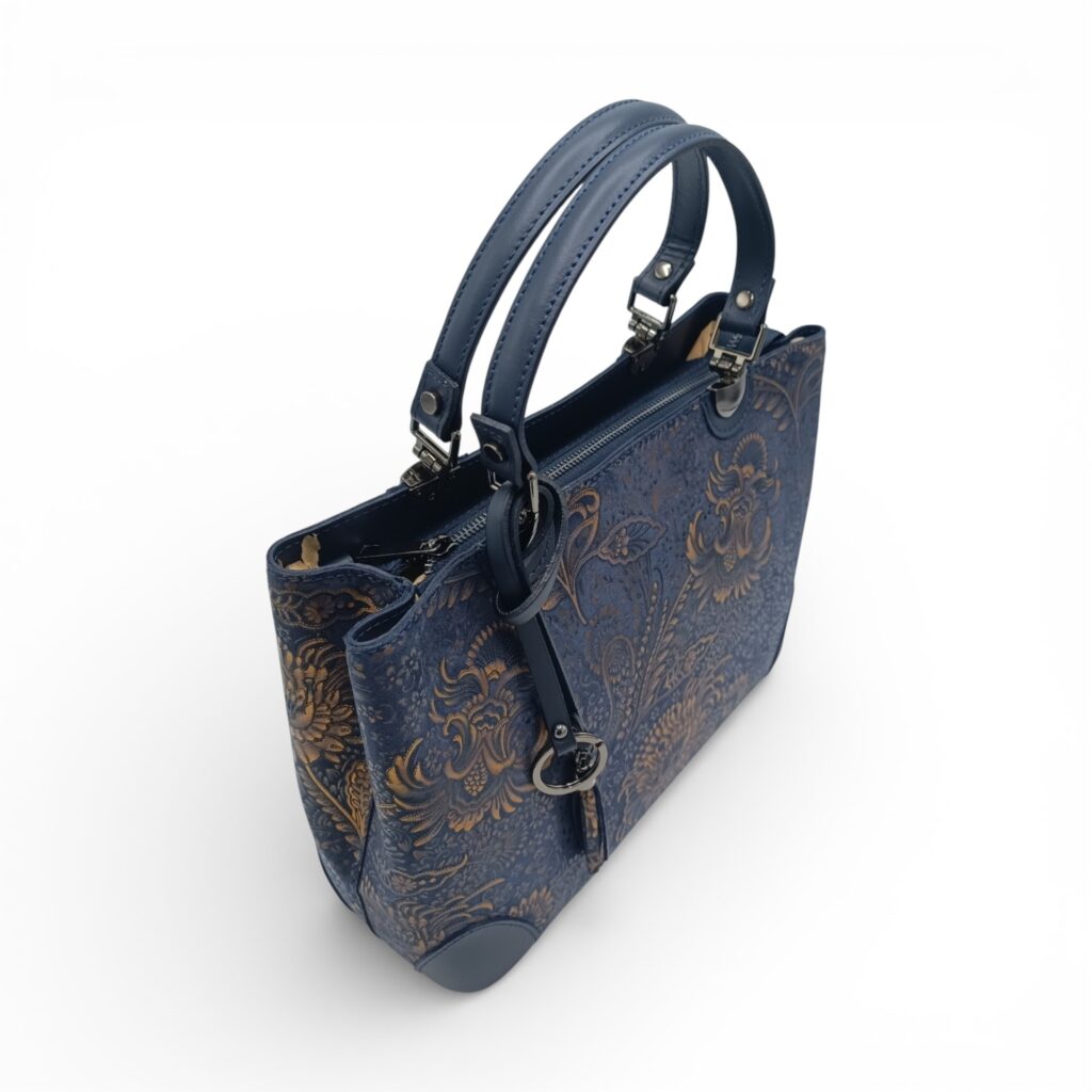 Geantă de lux din piele naturală din Italia, cu imprimeu colorat – Belle Monique BM185 – Albastru marin- Geantă de lux din piele naturală din Italia, cu imprimeu colorat – Belle Monique BM185 – Albastru marin-