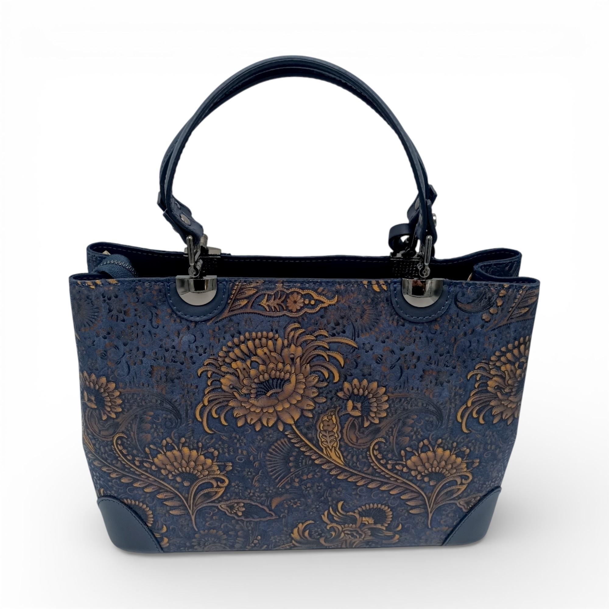 Geantă de lux din piele naturală din Italia, cu imprimeu colorat – Belle Monique BM185 – Albastru marin-