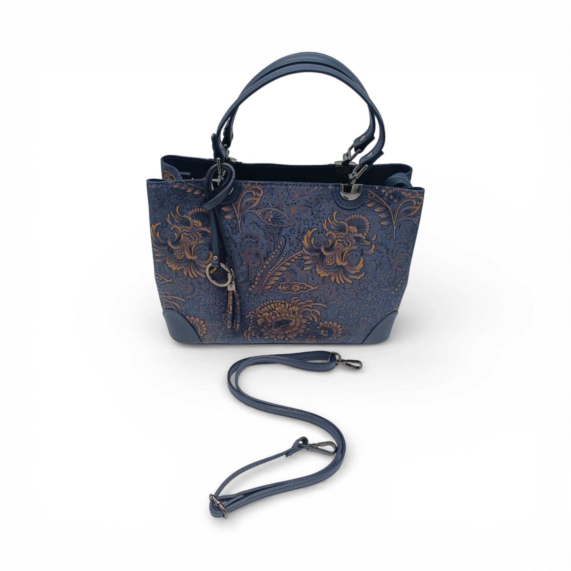 Geantă de lux din piele naturală din Italia, cu imprimeu colorat – Belle Monique BM185 – Albastru marin-