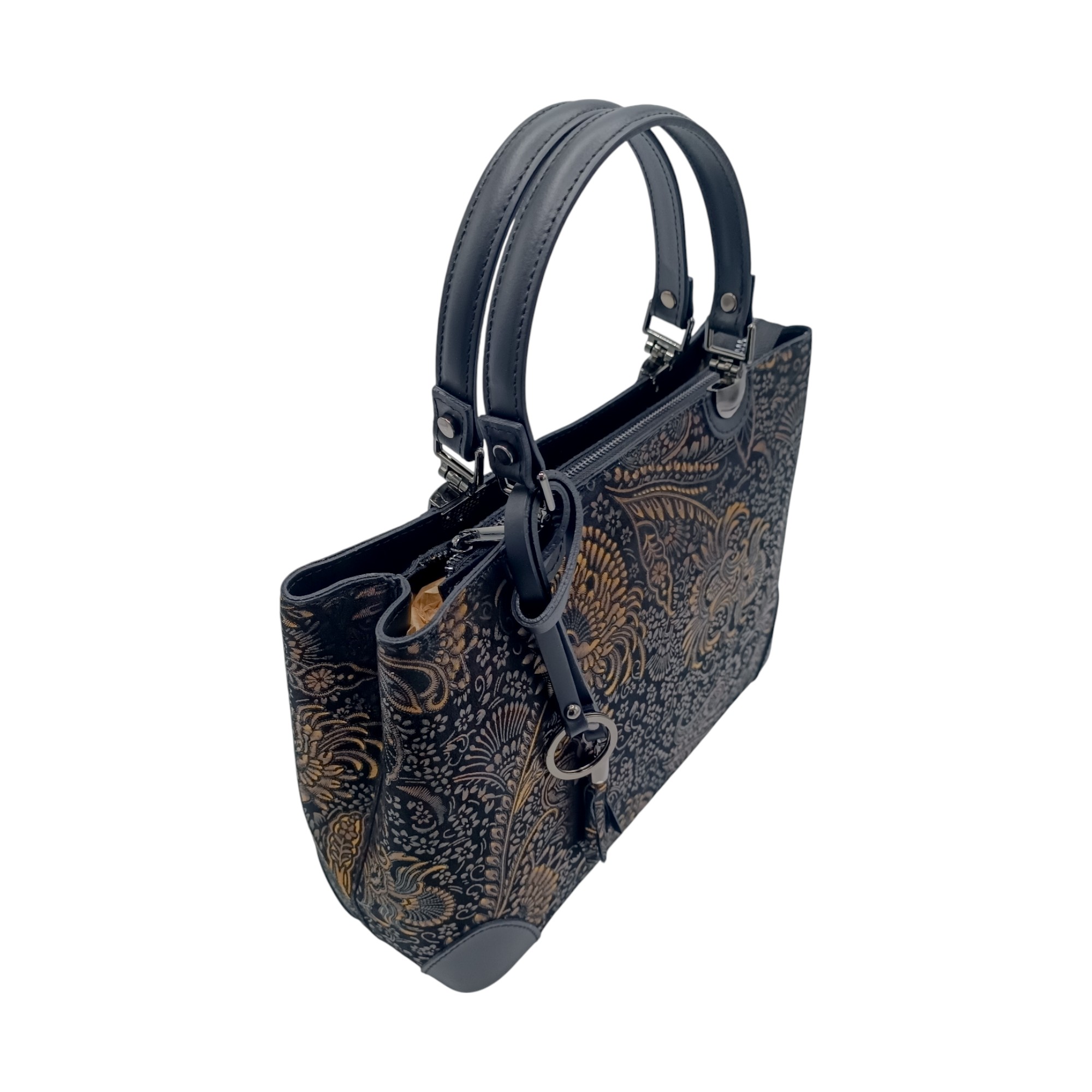 Geantă de lux din piele naturală din Italia, cu imprimeu colorat – Belle Monique BM185 – Negru