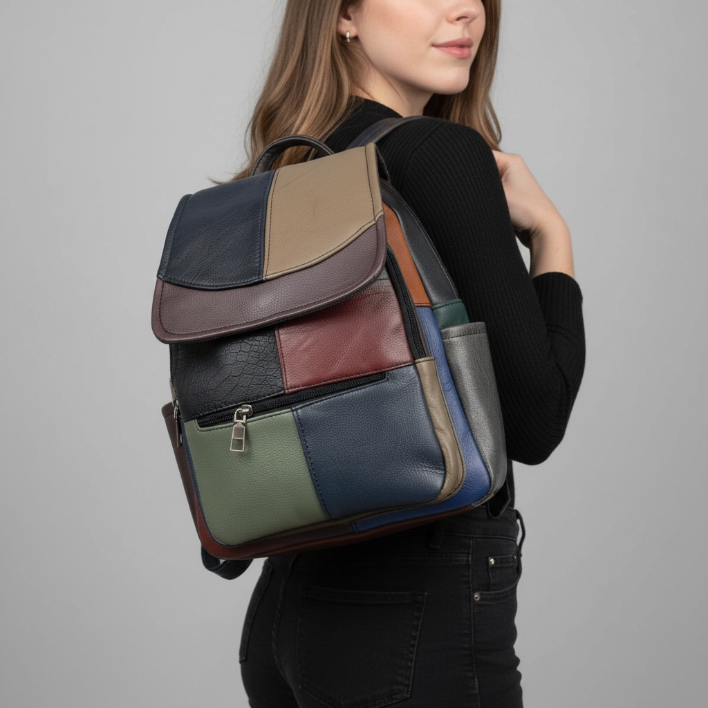 Rucsac Damă Piele Naturală Multicolor Eveline R105-41 – Design Unicat Patchwork