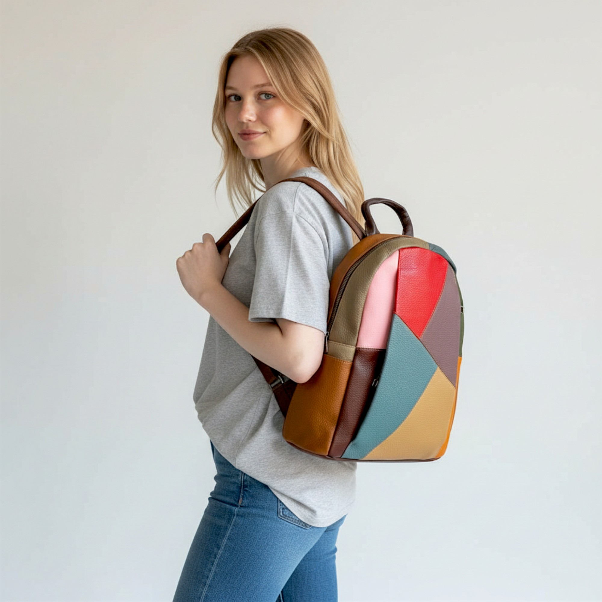 Rucsac damă din piele naturală multicolor, model geometric - Jasmine 3189-1-