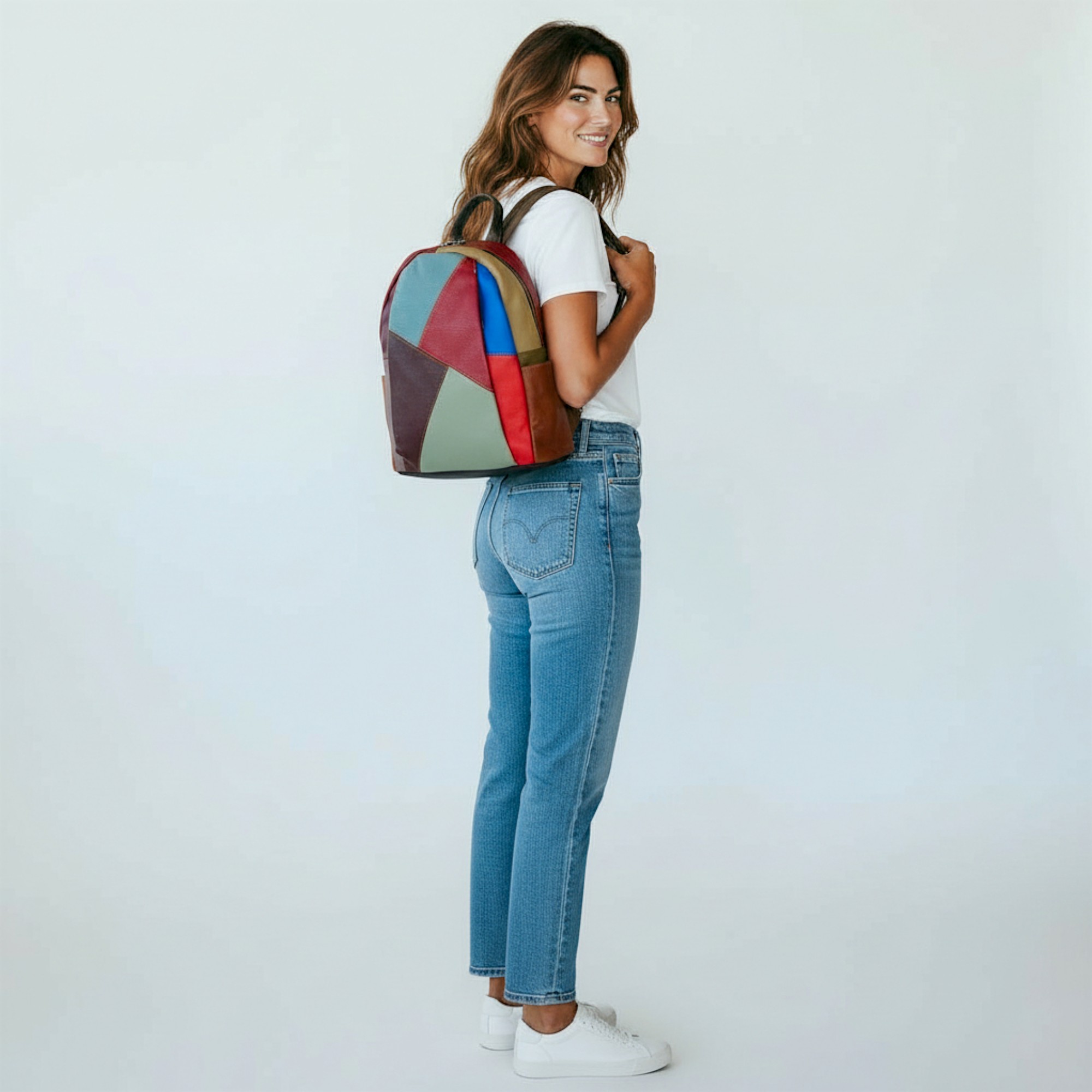 Rucsac damă din piele naturală multicolor, model geometric – Jasmine 3189-2-