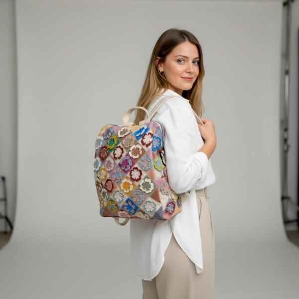 Rucsac damă patchwork floral multicolor Silvia Rosa SR25-082H -Bej- design modern