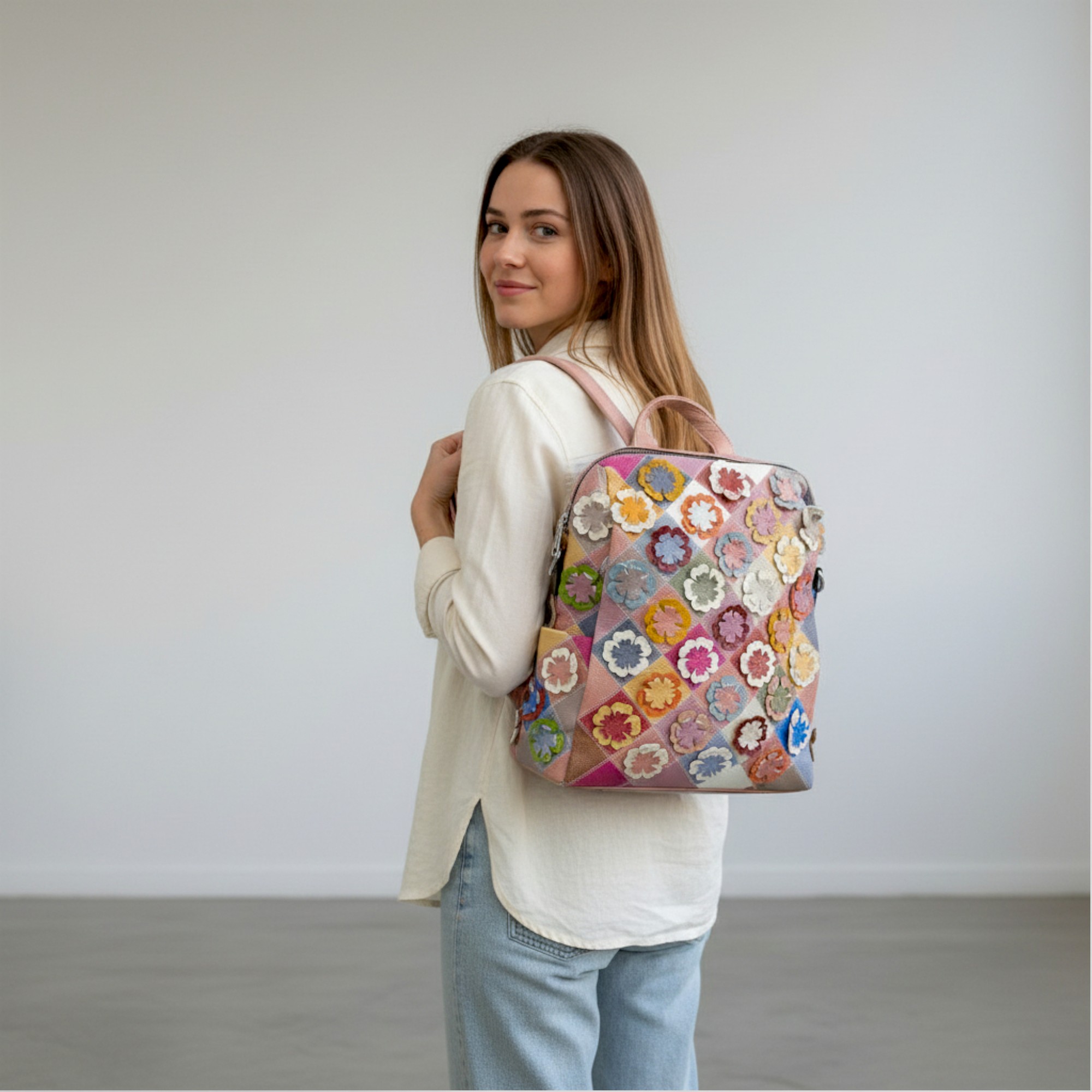 Rucsac damă patchwork floral multicolor Silvia Rosa SR25-082H -Roz Pudră- design modern