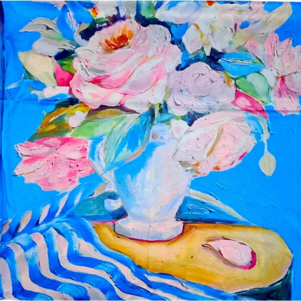Eșarfă Blossom Azure 8108-4 – Ediție Artistică Reversibilă (2 Fețe), 50% Mătase & 50% Vîscoză, 180x68 cm Cutie Cadou Inclusă