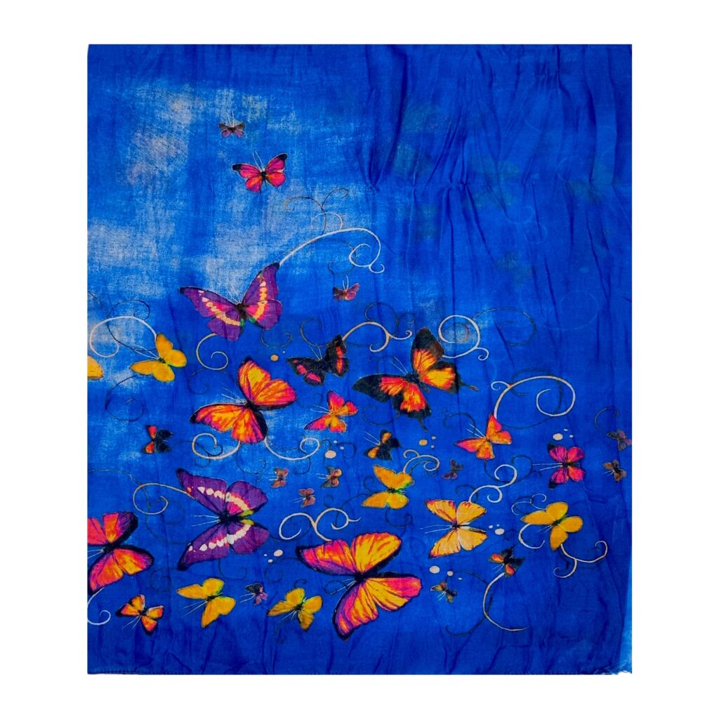 Eșarfă damă bumbac 100% – Azure Butterflies BR09-1 (65x180 cm) | Print Artistic, Cutie Cadou