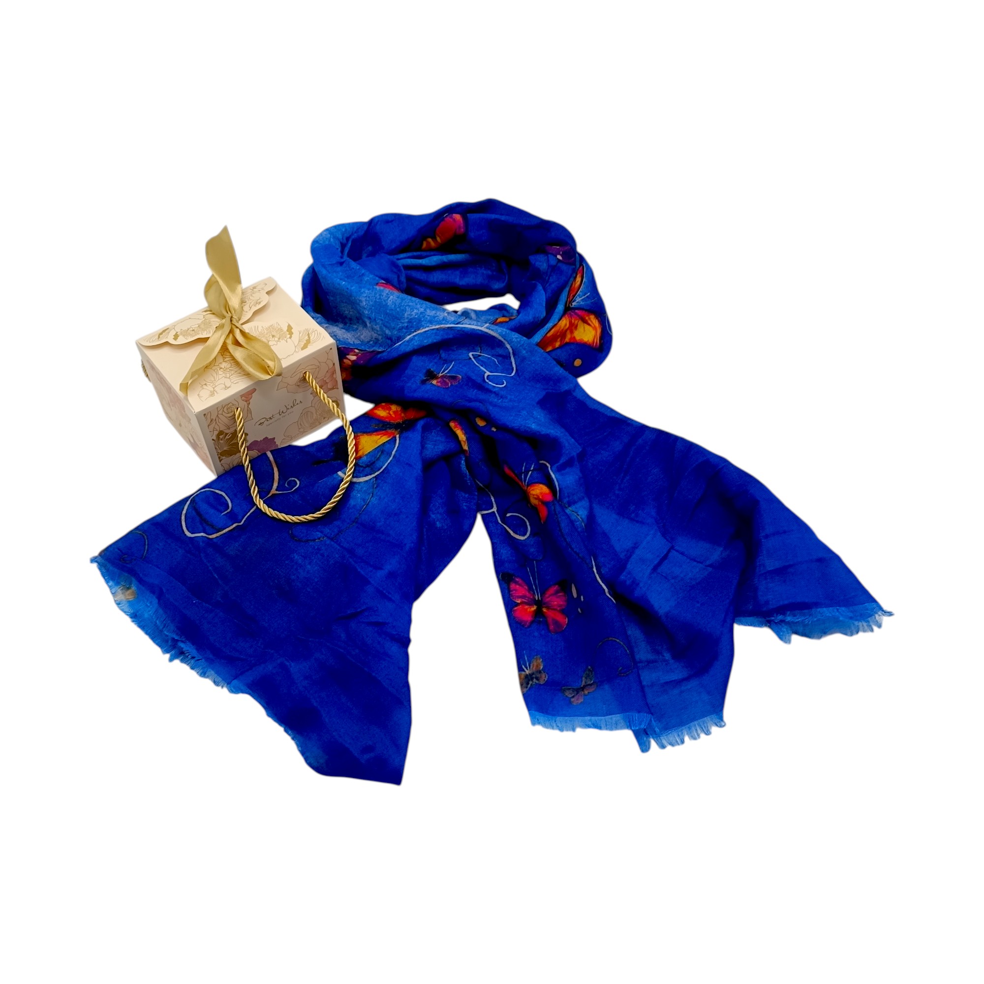 Eșarfă damă bumbac 100% – Azure Butterflies BR09-1 (65x180 cm) | Print Artistic, Cutie Cadou