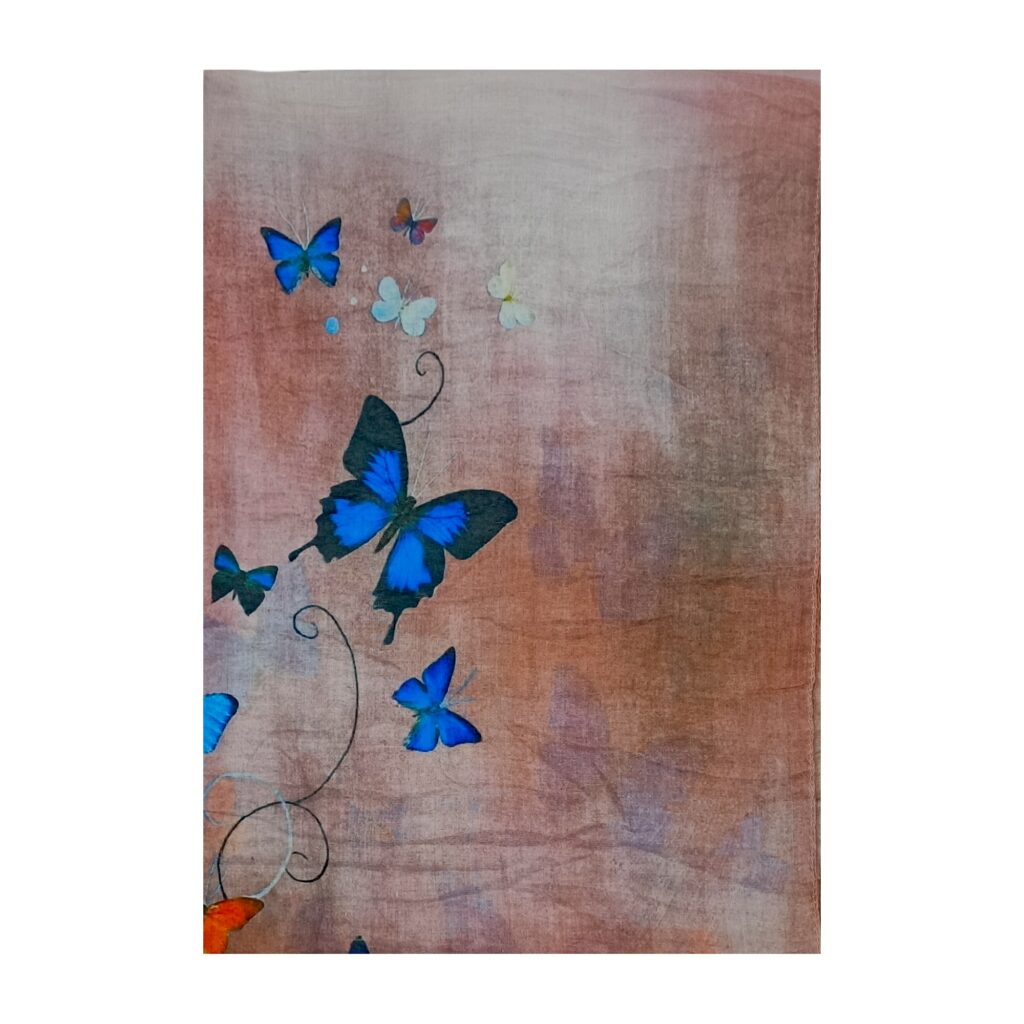 Eșarfă damă bumbac 100% – Blue Butterflies Terra B09-2 (65x180 cm) | Print Artistic, Cutie Cadou Eșarfă damă bumbac 100% – Blue Butterflies Terra B09-2 (65x180 cm) | Print Artistic, Cutie Cadou