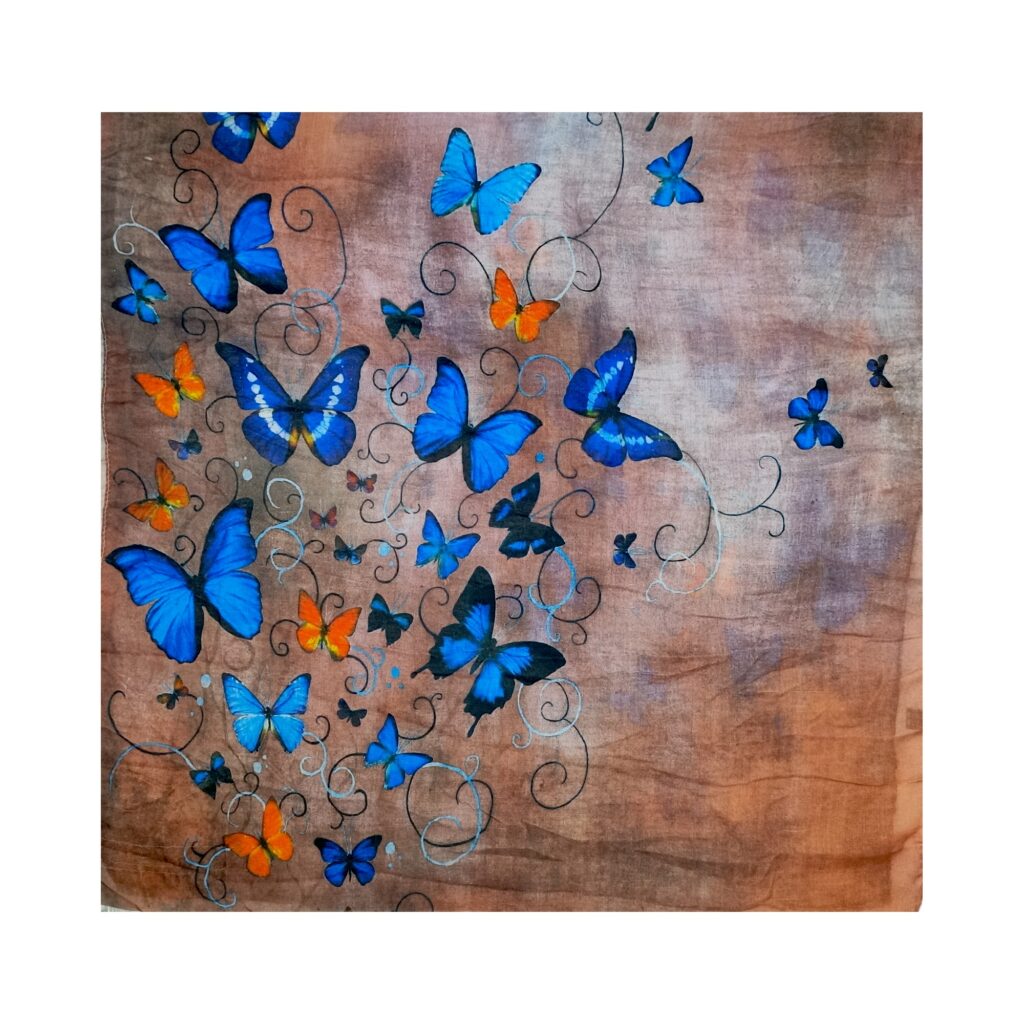 Eșarfă damă bumbac 100% – Blue Butterflies Terra B09-2 (65x180 cm) | Print Artistic, Cutie Cadou Eșarfă damă bumbac 100% – Blue Butterflies Terra B09-2 (65x180 cm) | Print Artistic, Cutie Cadou