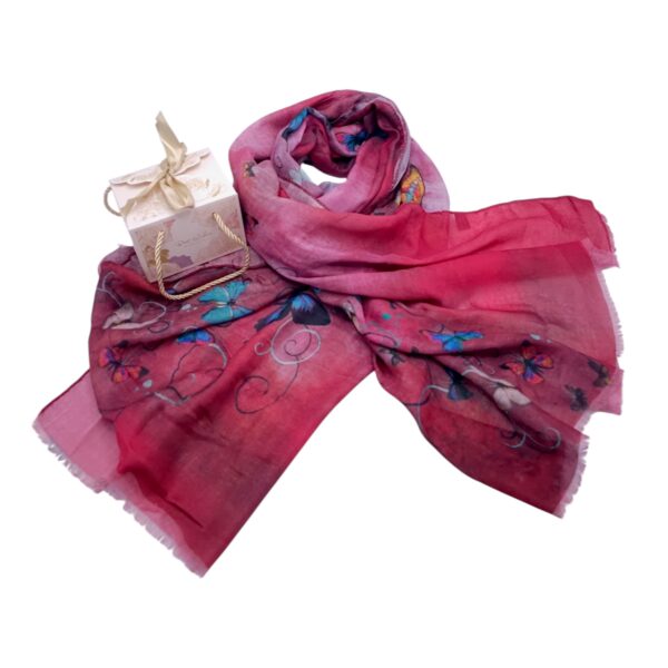 Eșarfă damă bumbac 100% – Coral Rose Butterflies BR09-10 (65x180 cm) | Print Artistic, Cutie Cadou