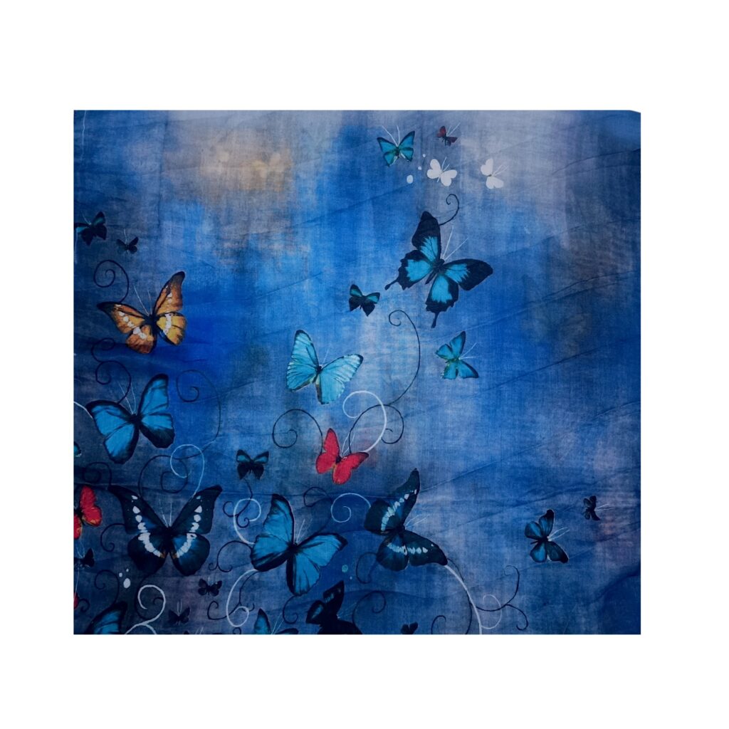 Eșarfă damă bumbac 100% – Denim Blue Butterflies BR09-8 (65x180 cm) | Print Artistic, Cutie Cadou Eșarfă damă bumbac 100% – Denim Blue Butterflies BR09-8 (65x180 cm) | Print Artistic, Cutie Cadou