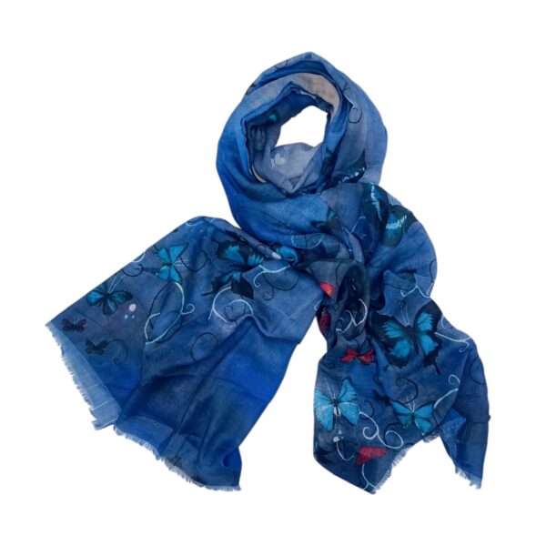 Eșarfă damă bumbac 100% – Denim Blue Butterflies BR09-8 (65x180 cm) | Print Artistic, Cutie Cadou