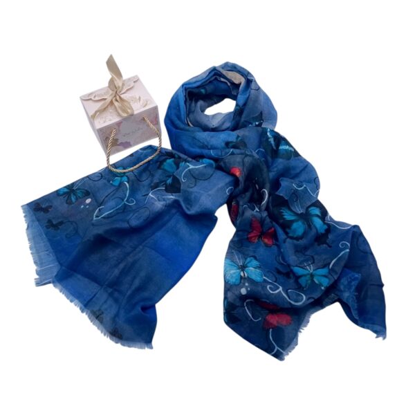 Eșarfă damă bumbac 100% – Denim Blue Butterflies BR09-8 (65x180 cm) | Print Artistic, Cutie Cadou