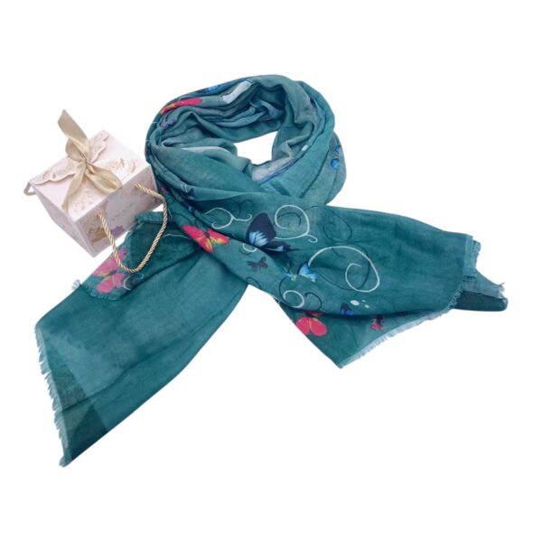 Eșarfă damă bumbac 100% – Emerald Butterflies BR09-9 (65x180 cm) | Print Artistic, Cutie Cadou