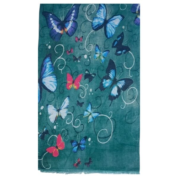 Eșarfă damă bumbac 100% – Emerald Butterflies BR09-9 (65x180 cm) | Print Artistic, Cutie Cadou