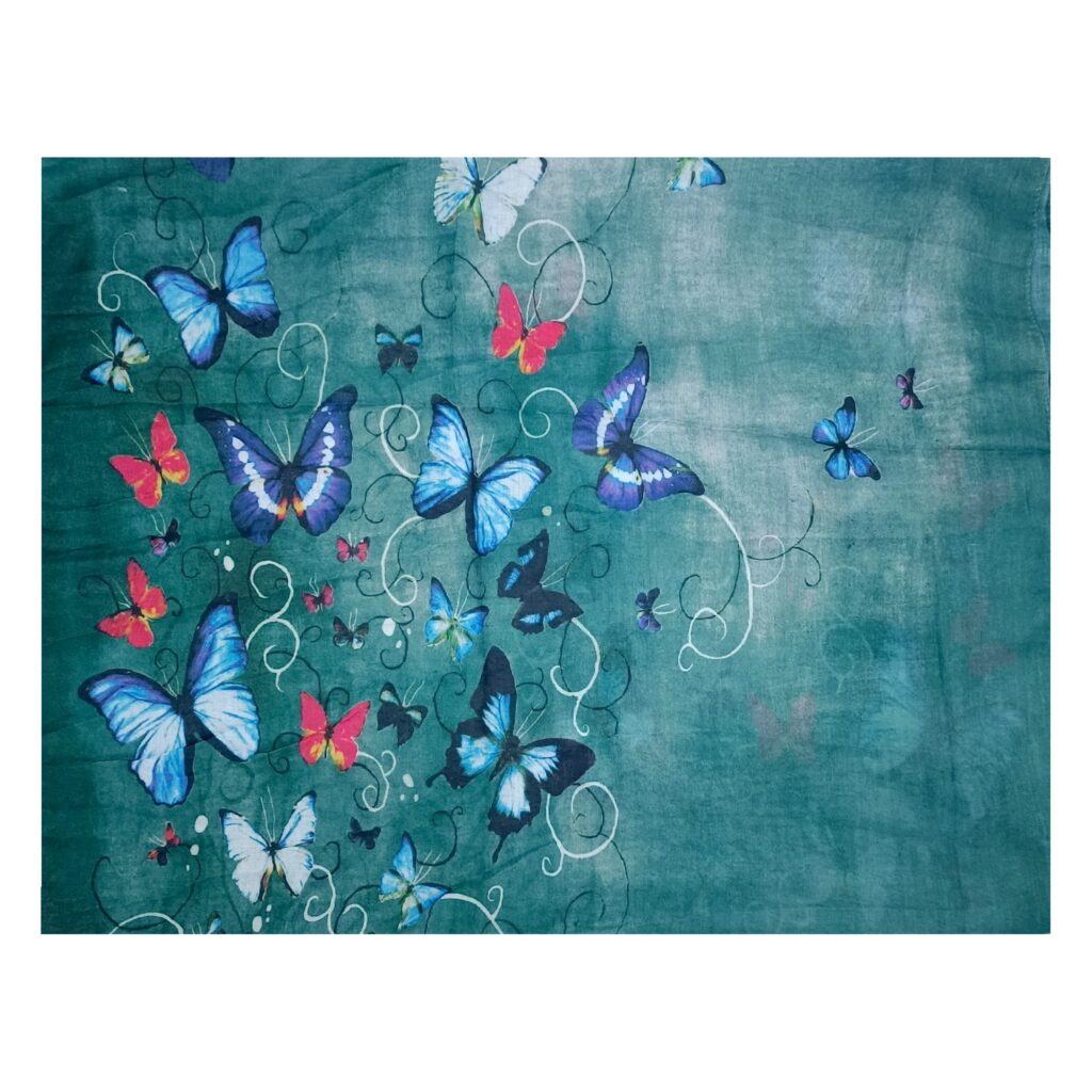 Eșarfă damă bumbac 100% – Emerald Butterflies BR09-9 (65x180 cm) | Print Artistic, Cutie Cadou Eșarfă damă bumbac 100% – Emerald Butterflies BR09-9 (65x180 cm) | Print Artistic, Cutie Cadou