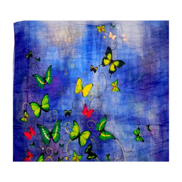 Eșarfă damă bumbac 100% – Emerald Butterflies Royal Blue BR09-5 (65x180 cm) | Print Artistic, Cutie Cadou