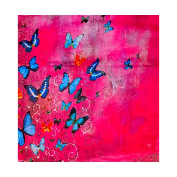 Eșarfă damă bumbac 100% – Fuchsia Blue Butterflies BR09-6 (65x180 cm) | Print Artistic, Cutie Cadou