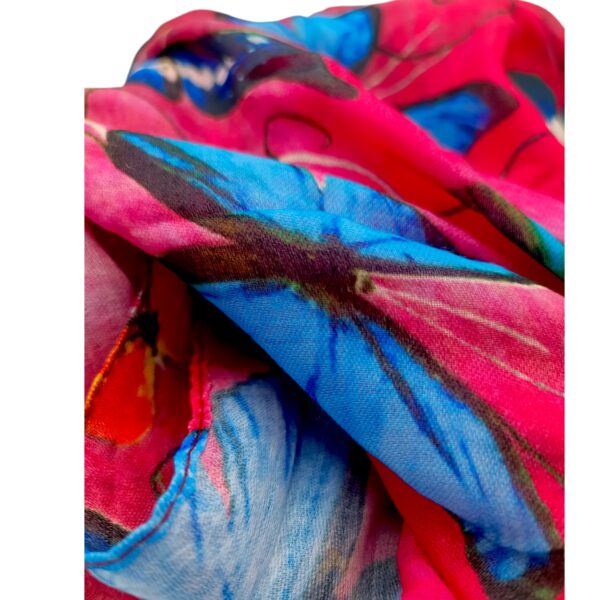 Eșarfă damă bumbac 100% – Fuchsia Blue Butterflies BR09-6 (65x180 cm) | Print Artistic, Cutie Cadou