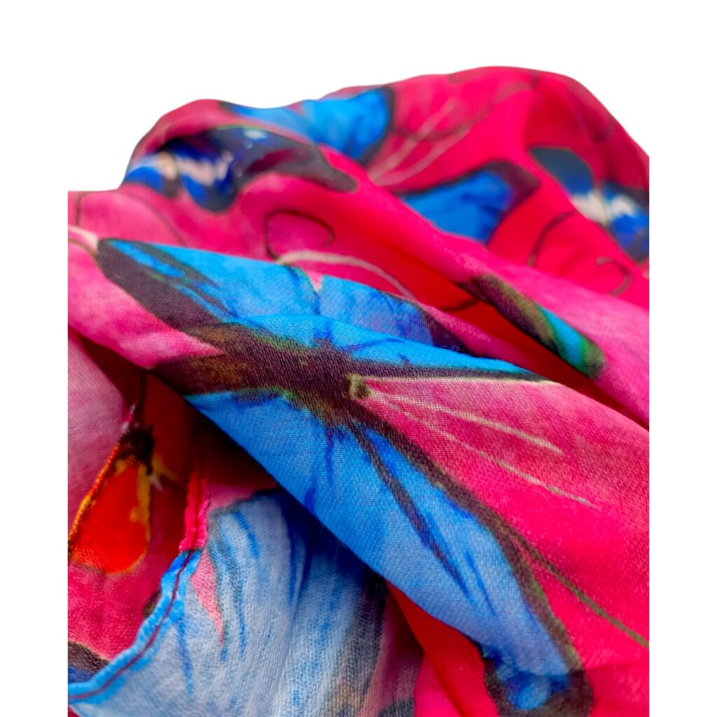Eșarfă damă bumbac 100% – Fuchsia Blue Butterflies BR09-6 (65x180 cm) | Print Artistic, Cutie Cadou Eșarfă damă bumbac 100% – Fuchsia Blue Butterflies BR09-6 (65x180 cm) | Print Artistic, Cutie Cadou